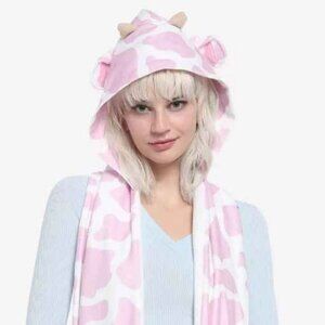 Pink Cow Print Hat Scarf